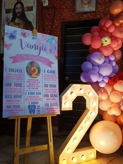 A personalized milestone board for Vanya's second birthday, detailing her favorite things.