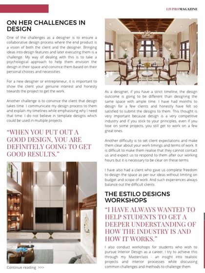 This article from my feature covers some of the challenges I face as a designer. It also highlights my commitment to giving back to the community by conducting workshops for aspiring interior design students.