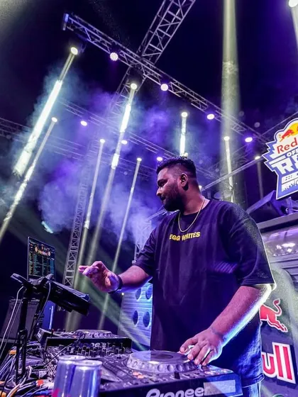 In the mix on the Red Bull stage, with spotlights beaming down. Every detail of the production adds to the experience.
