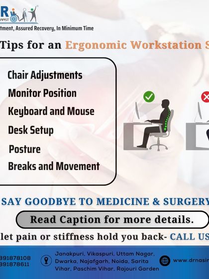 An ergonomic workstation is your first line of defense against workplace pain. This graphic provides top tips for setting up your chair, monitor, and desk to support a healthy posture and say goodbye to medicine and surgery.