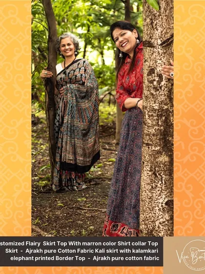 A playful shot of our customers, one in a custom skirt set and the other in a saree, both made from our beautiful Ajrakh fabrics.
