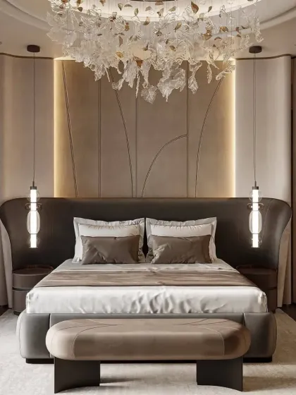 A full view of the luxurious bedroom, showcasing the curved, fabric-paneled wall and the stunning chandelier. We use soft textures and ambient lighting to create a truly relaxing and high-end feel.