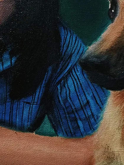 A detail shot focusing on the texture of the painting, from the folds in the shirt to the soft fur of the German Shepherd.