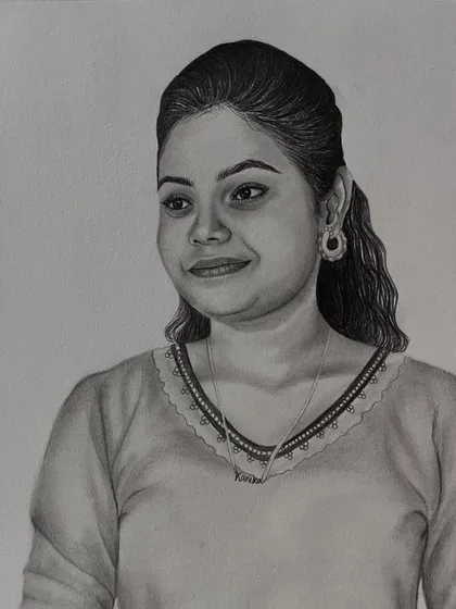 A close-up of the same portrait, allowing a better look at the shading on the face and the details of her necklace.