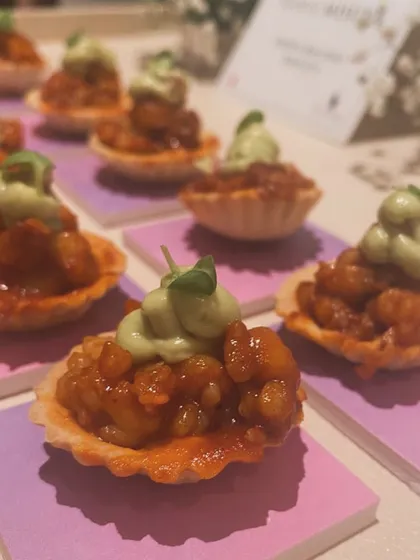 A closer look at the Prawn Balchao Tartlets we served at the Rahul Mishra store launch. These bites packed a bold, coastal flavour punch in a buttery, golden tartlet.