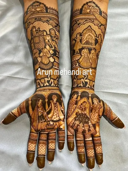A grand wedding procession captured in henna. This design shows the baraat with elephants and doli scenes, along with multiple couple portraits.