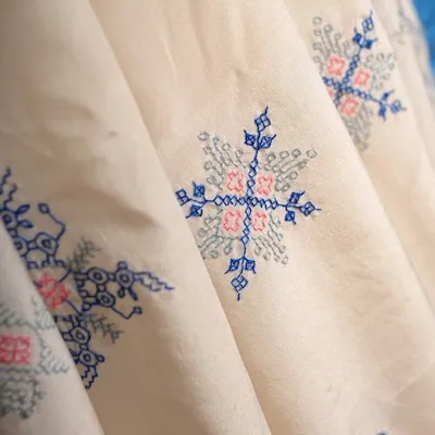 A close-up of a delicate, snowflake-like motif embroidered in shades of blue and pink. This could be a modern interpretation of a traditional pattern.