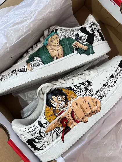 For all the anime fans, here's a One Piece piece I did. I captured Luffy and Zoro in a dynamic manga style, with black and white comic panels in the background. This custom artwork on Nike Court Visions is all about bringing that pirate adventure to your feet.