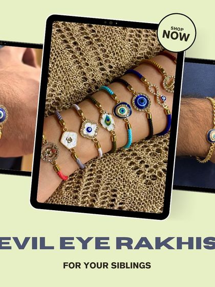 Our evil eye Rakhis are a popular choice for your siblings. This graphic shows the variety of designs we offer, from simple threads to chain bracelets.