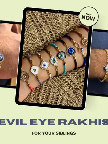 A promotional image for our evil eye rakhis, showing various designs on adjustable bands and chains. A stylish way to keep negative energies at bay.