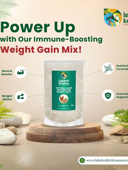 This graphic showcases our immune-boosting Weight Gain Mix. It's a nutrient rich formula that acts as a muscle booster, weight gainer, and immune supporter all in one.