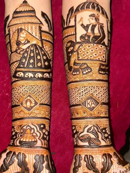 A close-up of the arm designs, showing the bride in her doli and the groom on an elephant, ready for the procession.
