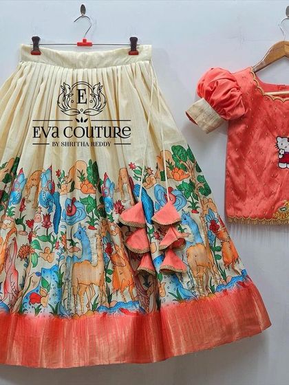 A fun and unique Kalamkari lehenga paired with a simple blouse featuring a "Hello Kitty" patch, showing how I can add playful custom details.