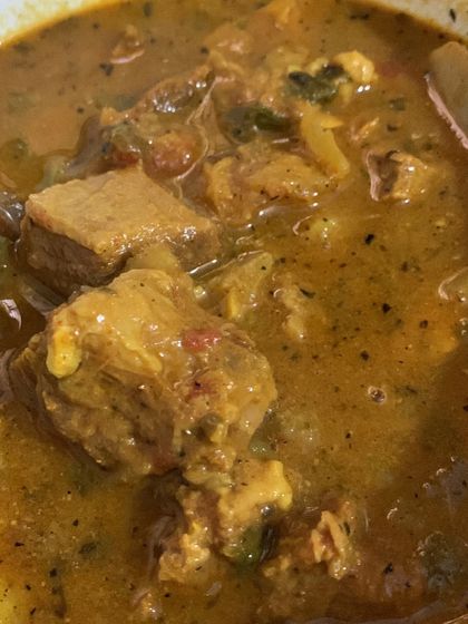 A close-up of a tender piece of beef from my curry.