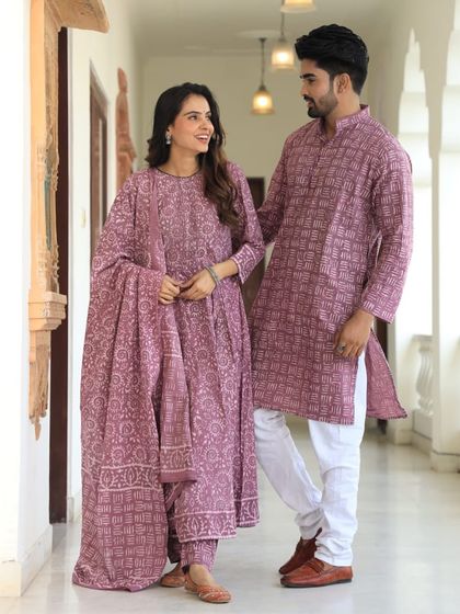 A soft mauve couple outfit set featuring a subtle geometric hand-block print. These sets are available in sizes from S to XXL, with custom sizing available on request.