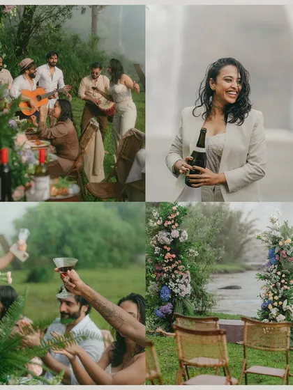 A collage of moments from a celebration by the falls. It captures the joy of friends singing, the bride toasting her new life, and the beautiful floral decor that framed their special day.