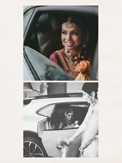 The journey to forever begins. This beautiful shot captures the bride's happy and anticipatory smile as she arrives for her wedding, a perfect blend of modern moments and traditional celebrations.