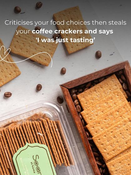 A playful take on family dynamics, featuring my Coffee Crackers. Even when mom criticizes your food choices, she can't resist stealing a bite of these delicious, crunchy crackers.