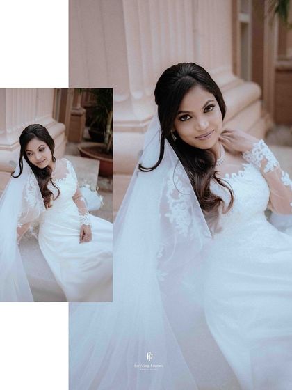 A collage of the bride in her beautiful white gown, posing with her veil.