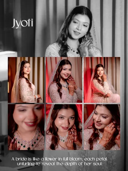 A collage of bridal portraits showing a variety of expressions and angles, from close-ups of her jewelry to happy, candid smiles.
