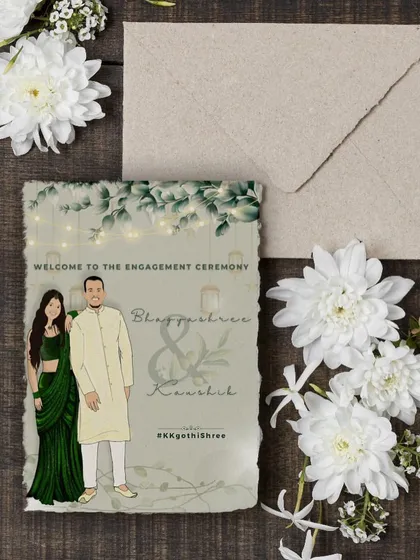 Here is the printed version of the engagement invite I designed for Bhagyashree and Kaushik. The illustration is printed on textured, handmade paper for a rustic and personal feel.