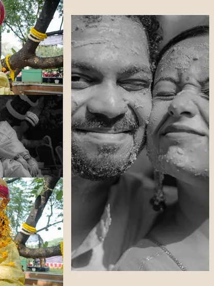 A collage capturing the essence of a Haldi ceremony. The black and white close-up of the couple's turmeric-smeared faces is full of raw emotion and joy.