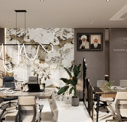 Here is a glimpse into a professional office space I designed. The goal was to create an environment that feels both authoritative and welcoming, using a mix of marble, wood, and modern lighting to reflect the company's brand and stature.