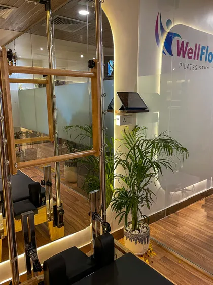 A close-up of our studio's details, from the lush green plants to our branded wall. Every element is chosen to contribute to a healing and positive atmosphere for our clients.