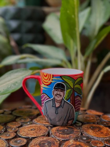 A Father's Day mug featuring a custom portrait against a vibrant, tropical background.