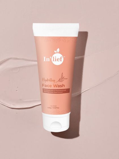 A texture shot of In'lief Hydrating Face Wash, showing a clear gel smear on a clean, neutral background. This type of image is essential for communicating the product's feel and consistency to online customers.
