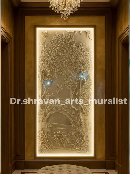 This piece fills my soul. It’s a grand, fully sculpted relief mural showing a serene park scene, complete with a bridge and tiny lanterns that actually light up. Placed in this elegant entryway, it creates an unforgettable first impression.