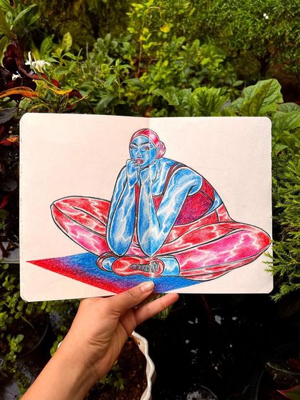 A colored pencil drawing of a figure in a yoga pose.