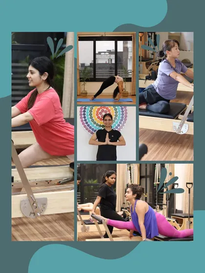 A collage showcasing the diverse faces and activities within our vibrant community, from reformer work to mat yoga.