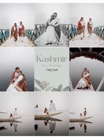 This photo grid captures the full narrative of a pre-wedding shoot in Kashmir, featuring the couple on a bridge, in a boat, and sharing quiet moments by the misty lake.