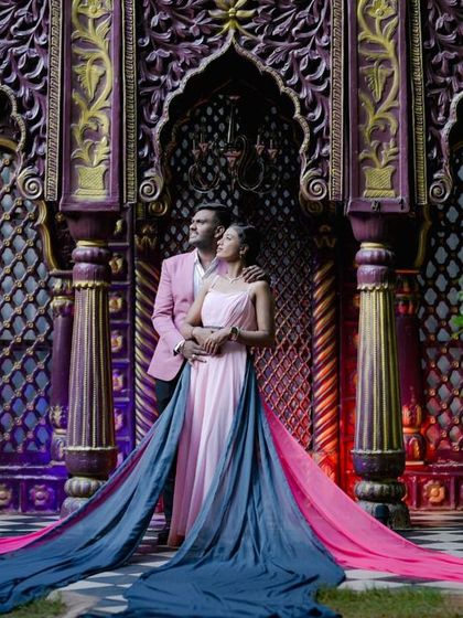 A glamorous shot with a flowing dress against the backdrop of our purple and gold Jaipuri-inspired set.