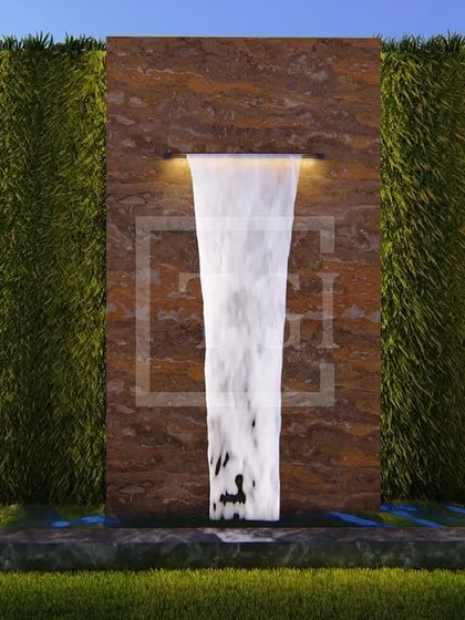 Detail is everything in luxury design. This render for a project in New Delhi focuses on a custom-designed water feature, where cascading waterfalls are framed by vertical green walls and elegant lighting. Such elements serve as stunning focal points in our commercial and residential landscape designs.