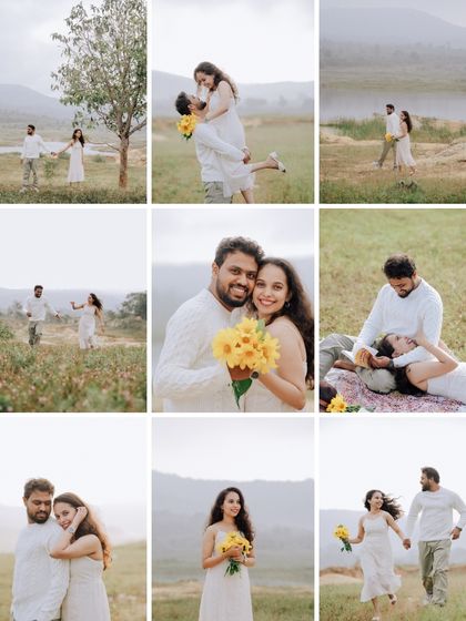 A grid collage showcasing the best moments from a sunflower-themed shoot, from playful lifts to quiet cuddles.
