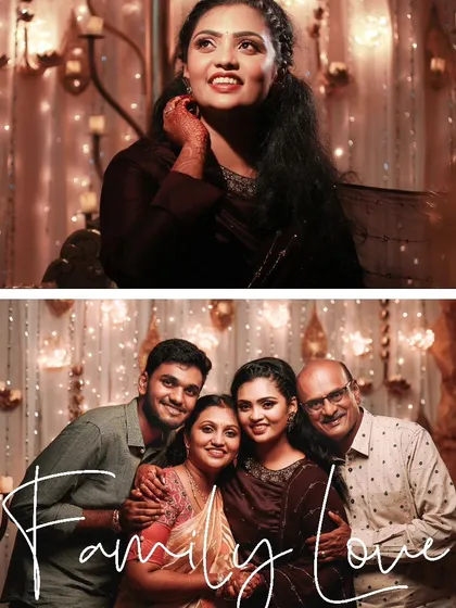 A collage celebrating "Family Love," with a beautiful portrait of the bride and a heartwarming photo of her with her parents and brother, a cherished memory.