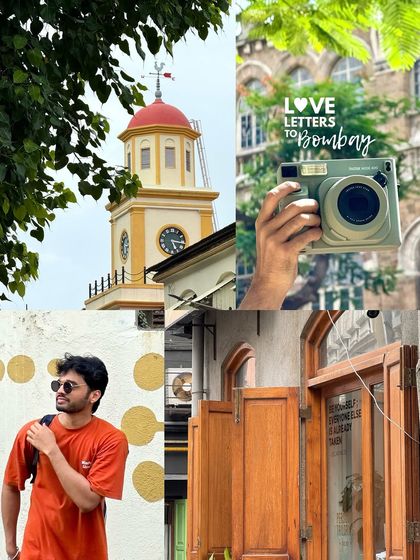 'Love Letters to Bombay'. A collage featuring a vintage camera, a self-portrait, and architectural details.