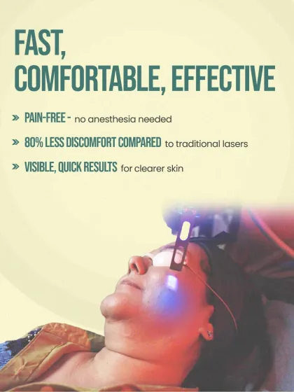 Patient comfort is a priority. The Blue Laser treatment is pain-free, requiring no anesthesia, and involves 80% less discomfort compared to traditional lasers, delivering quick and visible results for clearer skin.