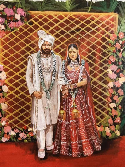 A close-up of the couple from the Amaanta Farms wedding. The detail in their traditional attire against the golden lattice background is a highlight.