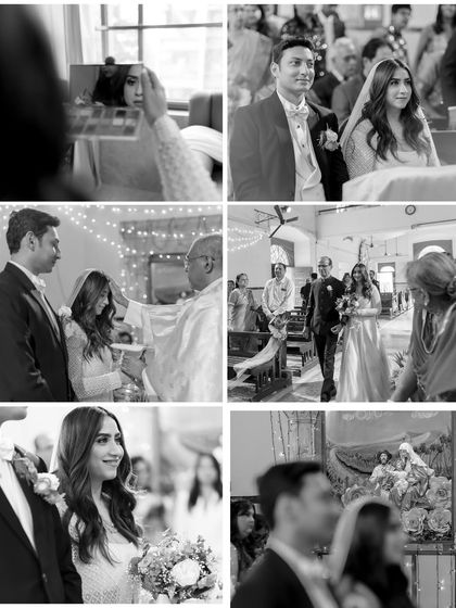 A black and white collage telling the story of a church wedding. It includes getting ready shots, the walk down the aisle, and the couple exchanging vows at the altar.