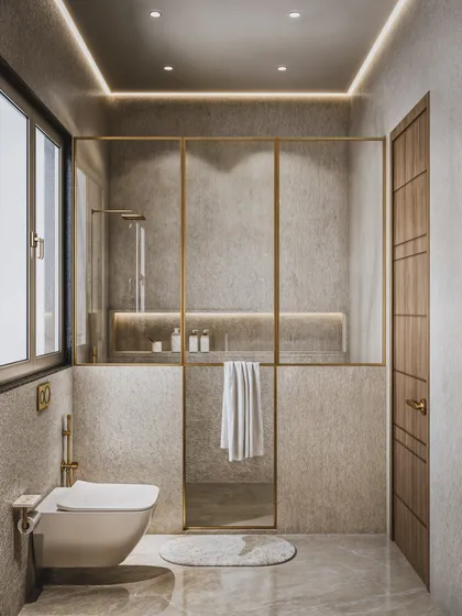 This view shows the clever partitioning of the shower area, using a combination of glass and a tiled wall to create a semi-enclosed space.