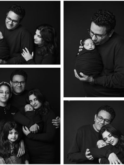 A collage of a family's first photoshoot, captured in timeless black and white. It includes a full family portrait with siblings, as well as intimate moments between the parents and their new baby.