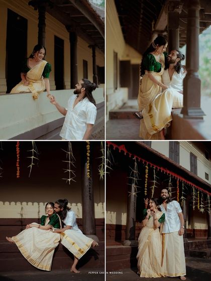 A collection of moments from a traditional wedding at Olappamanna Mana, capturing the couple's playful interactions and serene portraits.