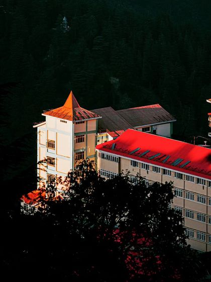 The golden light of sunset hitting the rooftops of buildings in Shimla, creating a beautiful contrast of light and shadow.