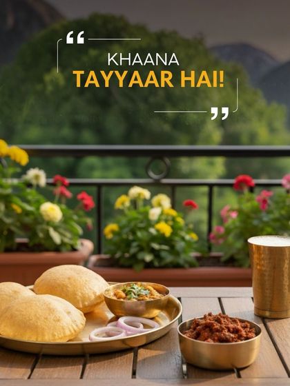 "Khaana tayyaar hai!" A hearty North Indian meal of chole puri enjoyed with a side of spicy pickle against a mountain backdrop. Our pickles bring the taste of every region, wherever you are.