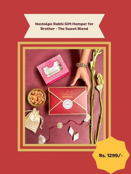 The Nostalgic Rakhi Gift Hamper is a throwback to classic tastes. It includes traditional sweets like kaju katli and almonds, paired with a beautiful Rakhi, all packed in a classic red gift box.