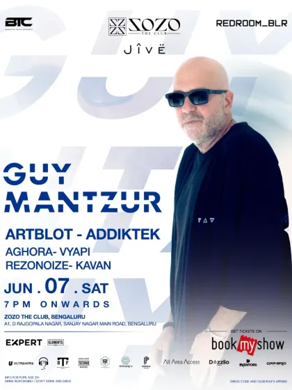 The main flyer for the Guy Mantzur event at Zozo The Club, a legendary night of deep progressive energy.