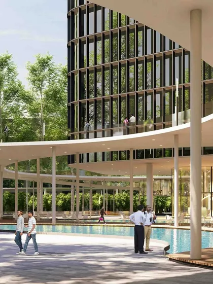 This tech campus concept redefines the work-life balance by elevating office spaces on curving podiums to create a vibrant public realm. The ground level is open to the community, featuring amenities, water features, and forest-inspired landscaping that foster connection and well-being.